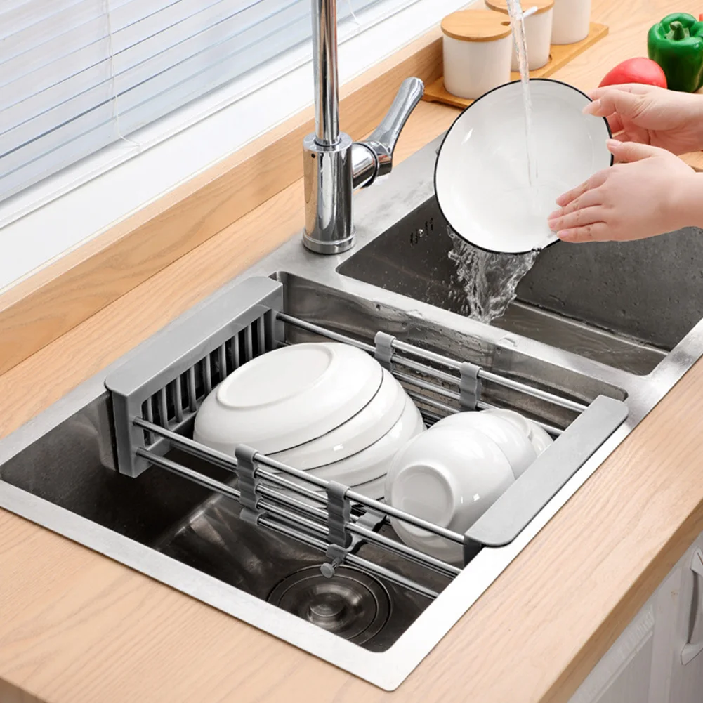 1pc Stainless Steel Kitchen Sink Drain Rack, Expandable Dish Drying Rack  With Utensil Holder