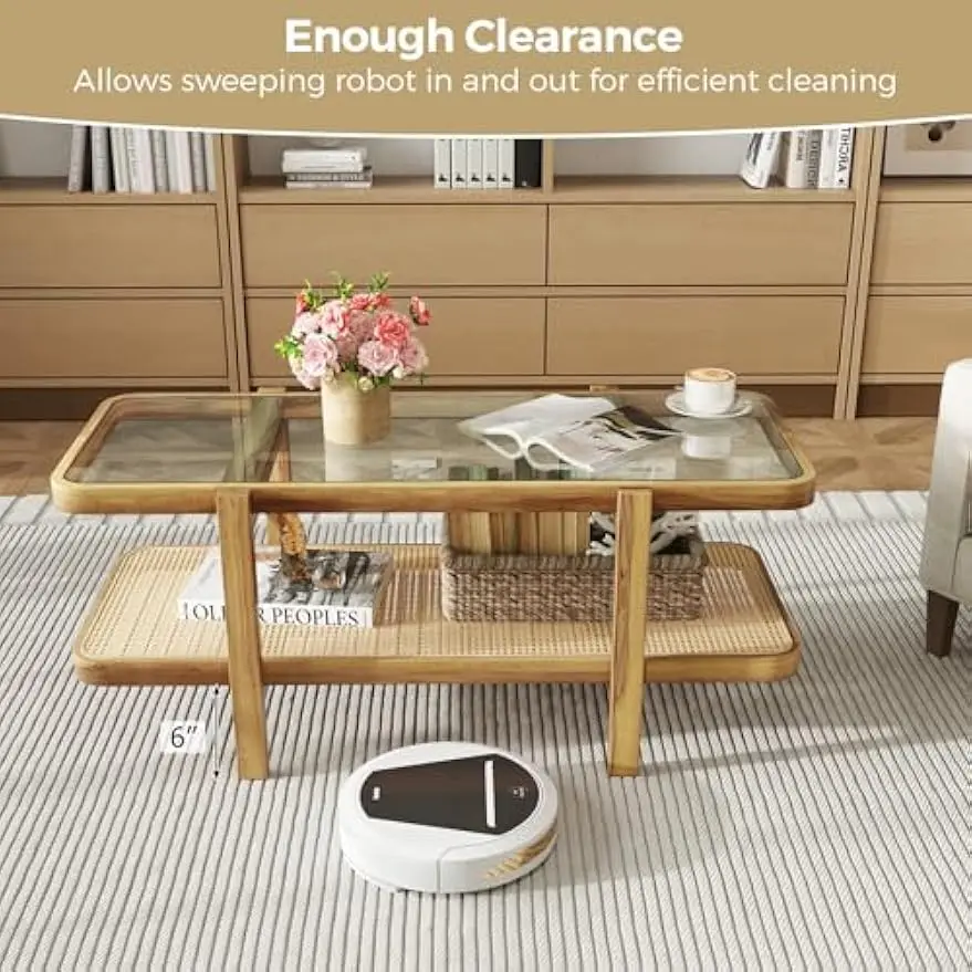 Rattan Coffee Table, 47.5" Rectangle Solid Wood Tea Table w/Tempered Glass Tabletop & PE Rattan Storage Shelf 5