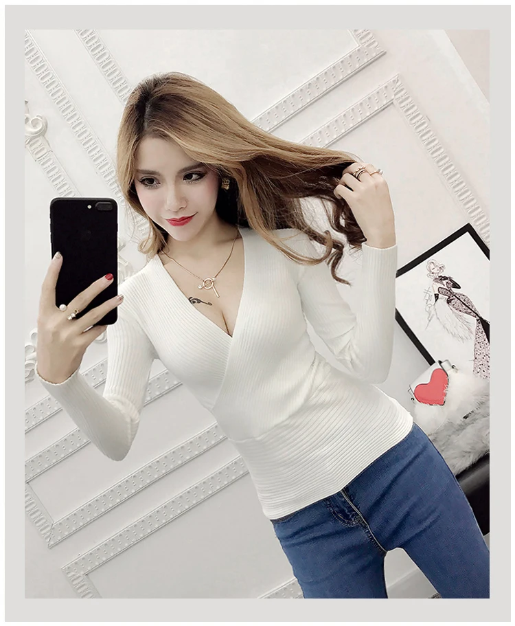 cardigan for women 2021 New Sexy Deep V Neck Sweater Women's Pullover Casual Slim Bottoming Winter Sweaters Female Elastic Cotton Long SleeveTops cardigan sweater