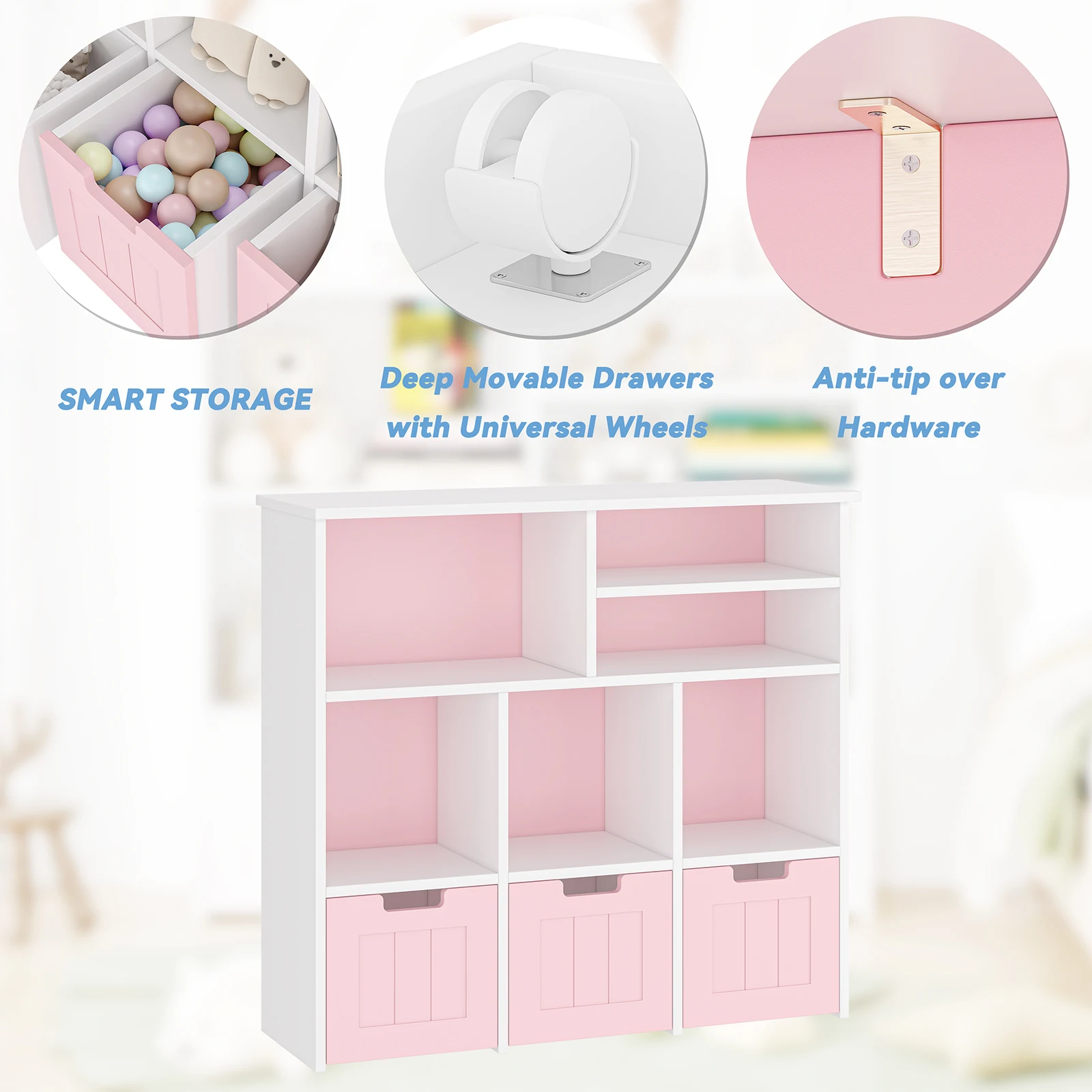 Toy Storage Cabinet with 3 Movable Drawers & 6 Cubes, Bookshelf with Hidden Wheels, Kids Bookcase Toy Storage Organizer 3