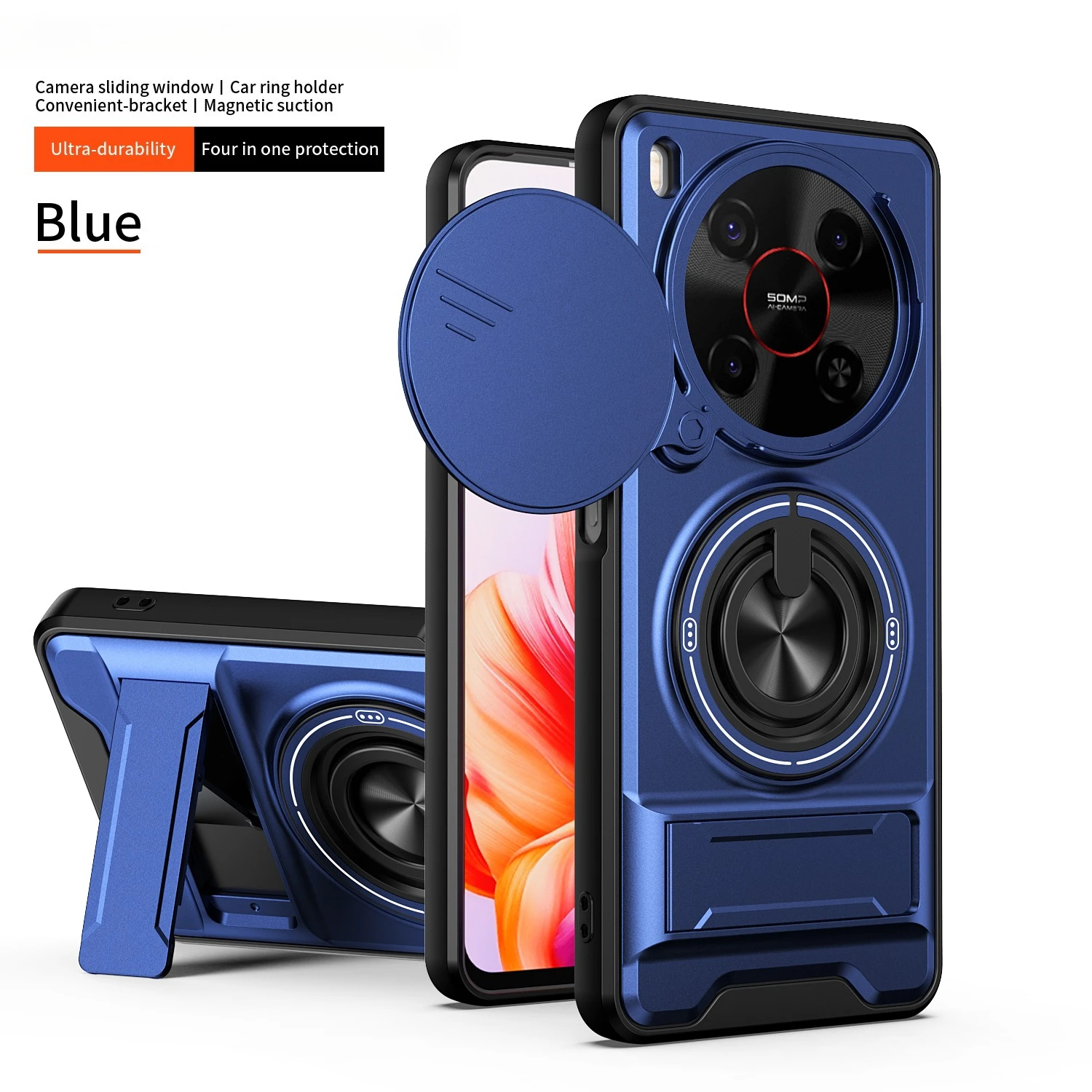 Enhanced Protective Phone Case with Slide Cover and Rotating Magnetic Ring Holder