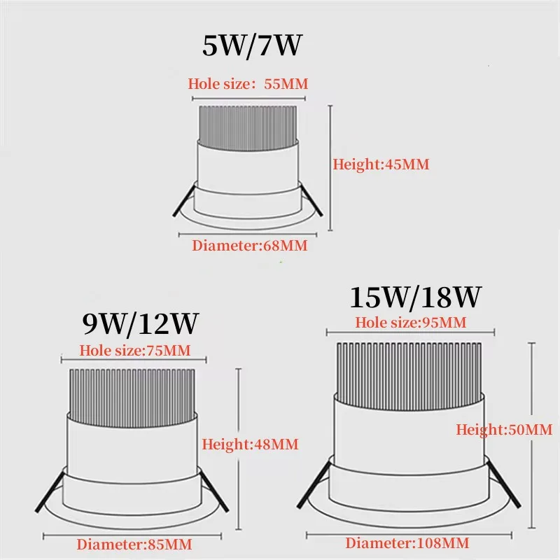Round Dimmable LED COB Spotlight Ceiling Lamp AC85-265V 5W7W9W12W15W18W Aluminum Recessed Downlight Indoor Lighting led downlight recessed ceiling spotlight ceiling lamps