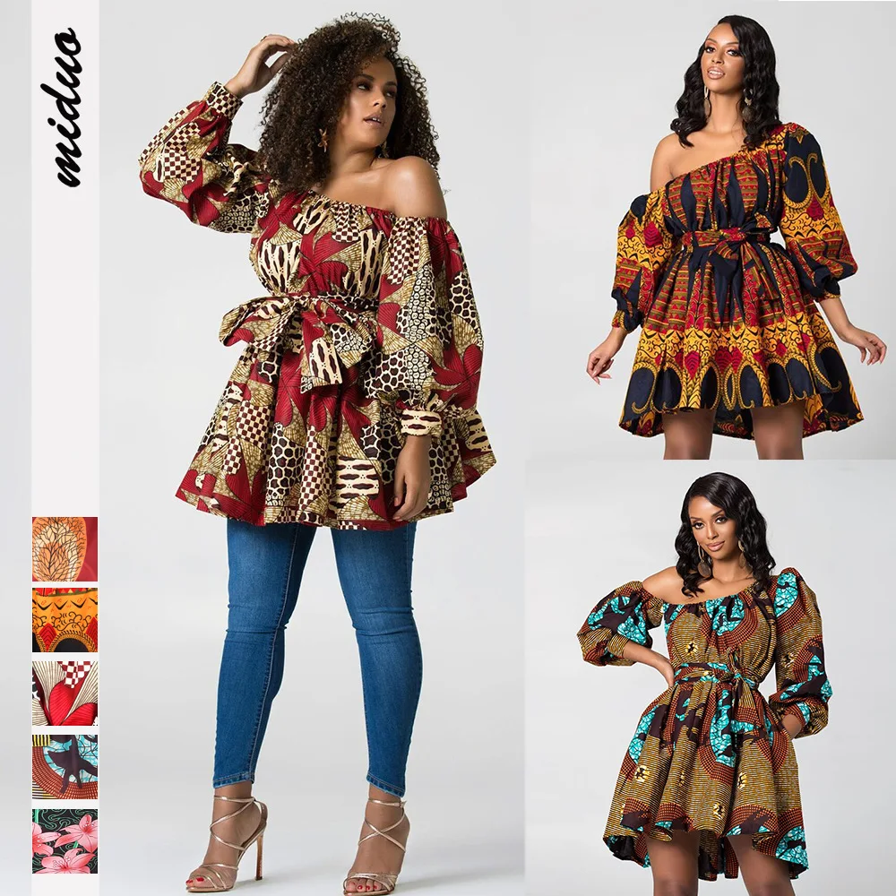 

Hot Selling Sexy Oblique Shoulder Elastic Shrink Dress Short Skirt Summer Digital Print Fluffy Two-Way Top