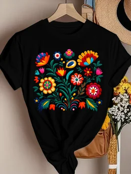 Women's T-shirt Adorned with Mexican Flowers—a Vibrant Folk Art Design, Black Casual Top.graphic T Shirts Women Clothing Y2K Top 1