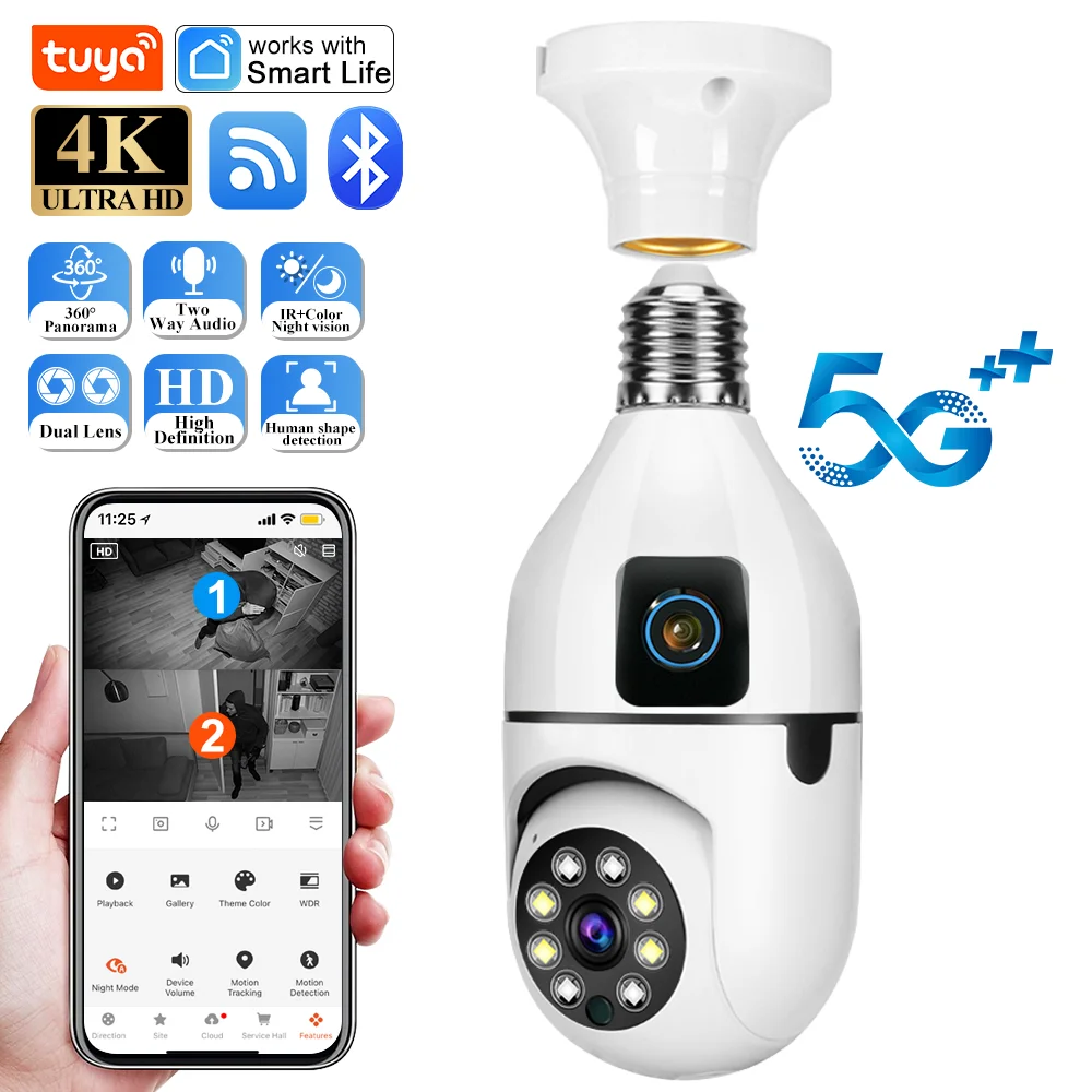 8MP 4K HD Dual Lens E27 Lamp Holder Tuya Smart Home Security 5g 2.4g Wifi IP PTZ Camera Cloud Storage Tuya Security Camera