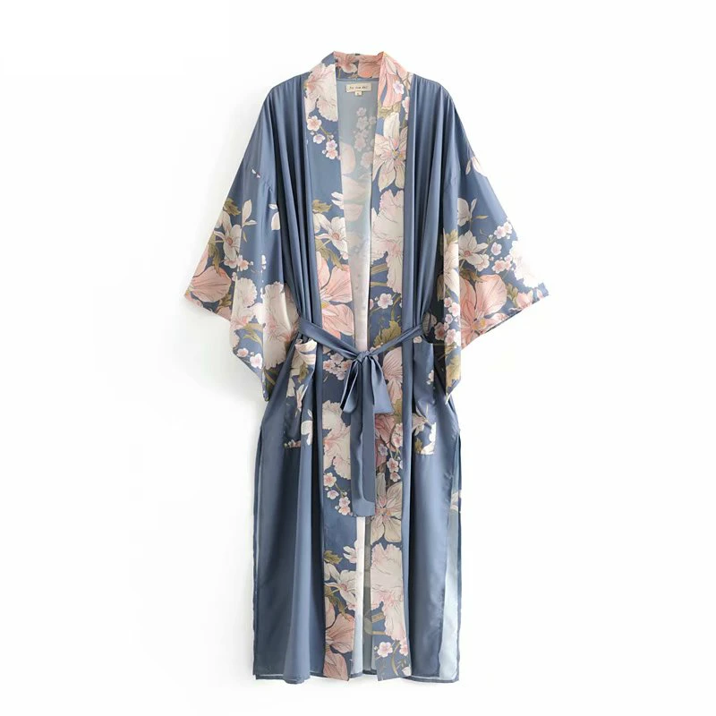 Happie Queens 빈티지 공작 꽃 프린트 여성 보헤미안 V 넥 배트 윙 슬리브 숙녀 boho Maxi 기모노 가운 비키니 커버 업