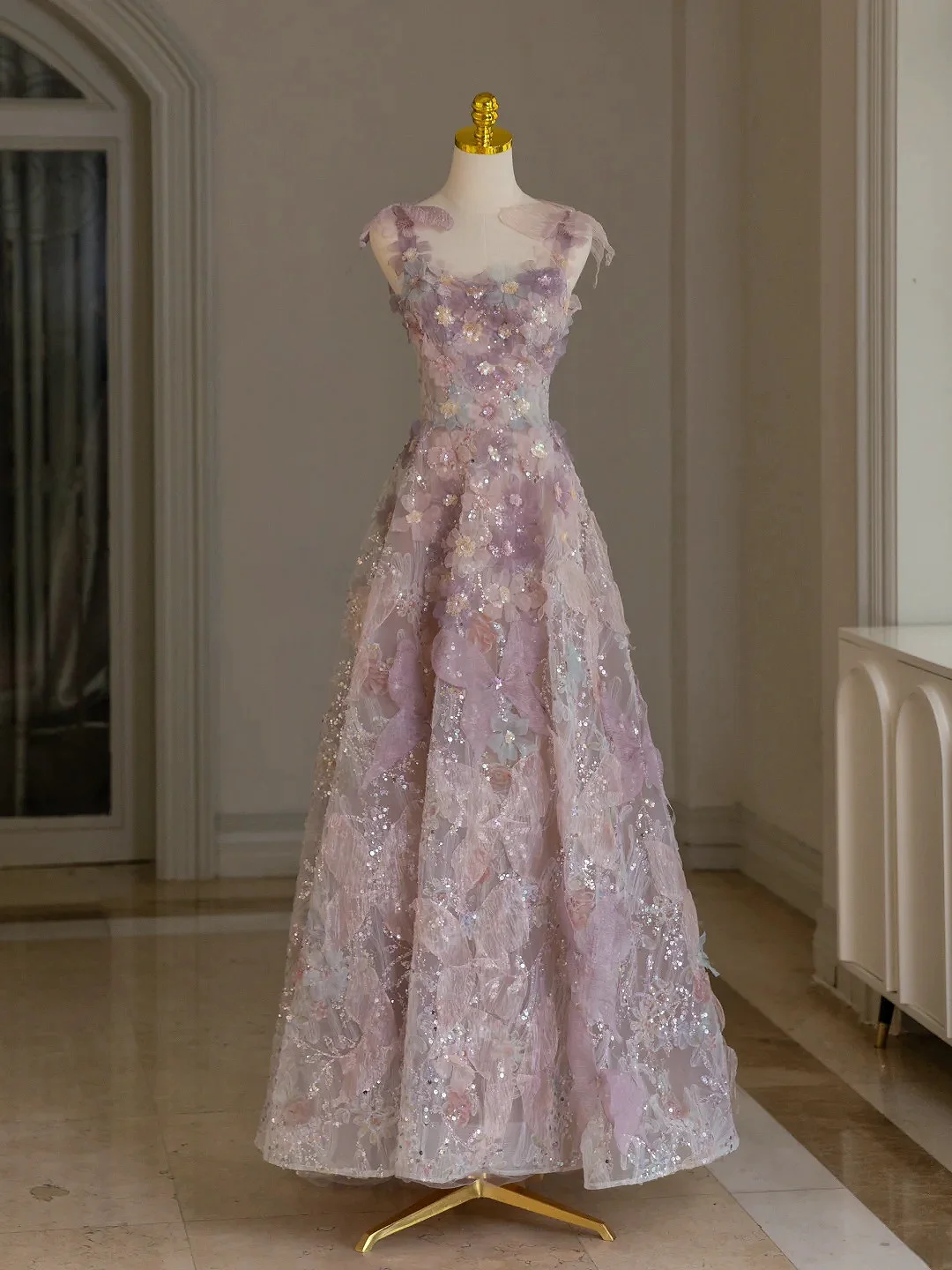 Elegant Colorful Sling Prom Dress Spring Summer Sweet Sleeveless Backless 3D Flower Sequined Tulle Girls Party Evening Gown