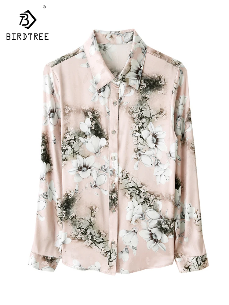 

Birdtree 90% шелк тутового шелкопряда 10% спандекс винтажная рубашка женская с длинным рукавом Европейская мода печать 2023 Осенняя блузка T39969QC