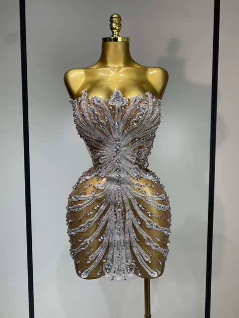 Women Sexy Strapless Rhinestones  Mini Dress Performance Costume See Through Stage Dancer Club Evening Party Birthday Dress 1