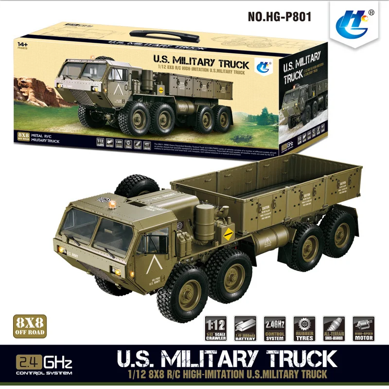 HG 1/12 미국 RC 밀리터리 트럭 메탈 8x8 드라이버 시뮬레이션 모델 2.4G 브러시리스 모터 P801 TH04720 P302 오프로드 클라이밍 RC 자동차