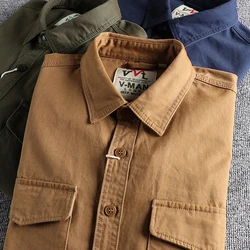 Men's Spring Coarse Twill Cotton Washed Long Sleeved Classic Cargo Shirt Male Autumn Simple Trend Pocket Outwear Casual Shirt