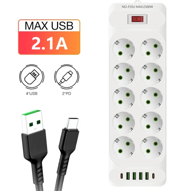 EU Plug Power Strip Extension Cable Multiprise 10 AC Outlets