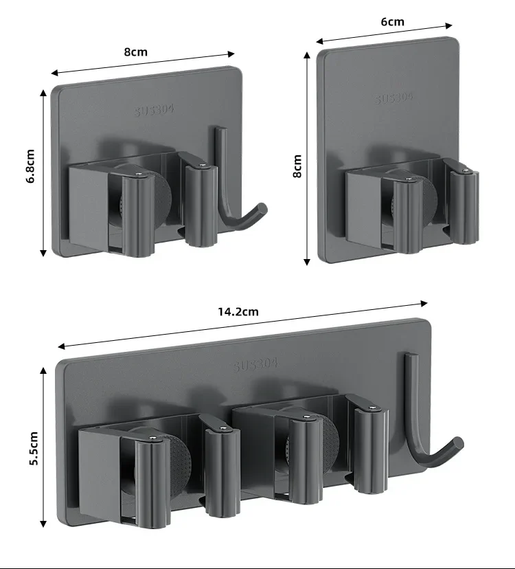 Description Picture 2 of item1-3PCS Stainless Steel Household Storage Rack Bathroom Nail-free Hook Wall-mounted Mop Storage Rack Waterproof Broom Rack