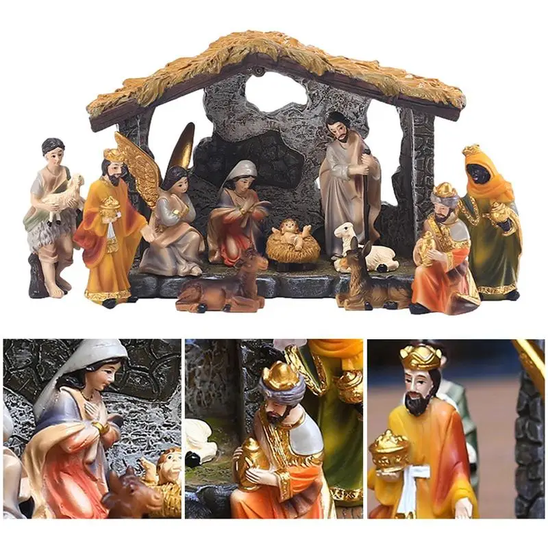 Christian statue Home decor items Christmas Manger Nativity Set Resin Hand-painted Nativity Figurines Holy Family Crafts Statue Decor Home Living Room Church Deco