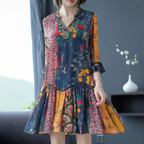 

Summer 2023 Spring Dress Women Silk Floral Boho Dress Midi Korean Fashion Dresses for Women Casual Vestidos Elegantes KJ