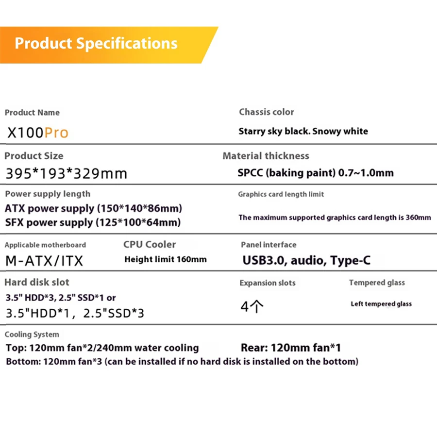 파워 트레인 X-Gamerx X100 Pro MATX PC 케이스 TYPE-C 포트 투명 측면 240 수냉 ATX SFX 파워 서플라이 미니 휴대용 케이스