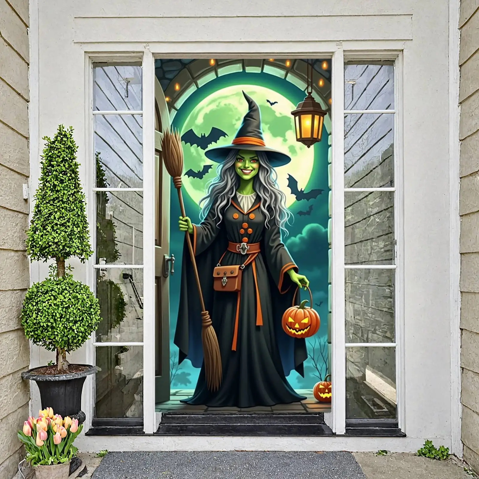 2D-Halloween-Hexenbanner, großer erschreckender Hexentürvorhang, Halloween-Fronttür-Dekoration, langlebiger Polyesterstoff für Party