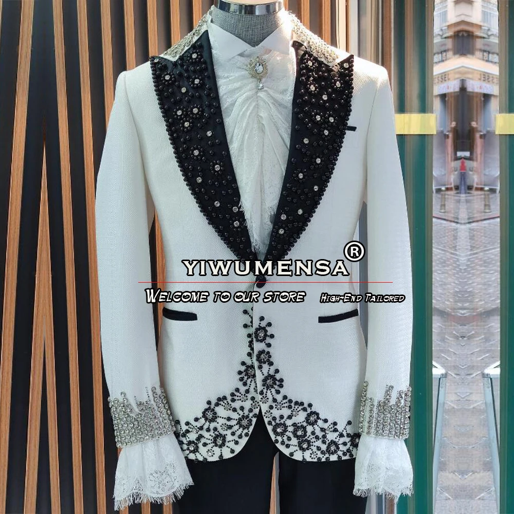 

White Groom Wear Suits For Wedding Handmade Pearls Beading Blazer Bespoke Men's Tuxedos Male Fashion Business Banquet Clothing