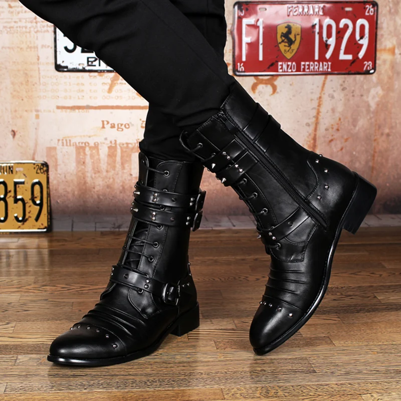 men's fashion party nightclub dress motorcycle boots black soft leather shoes autumn winter cowboy high boot long botas hombre