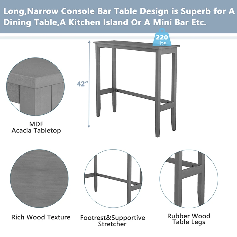 TOPMAX Farmhouse 48"Rectangular Wood Bar Height Dining Set Kitchen Breakfast Nook with 2 Chairs for Small Places,Gray WL
