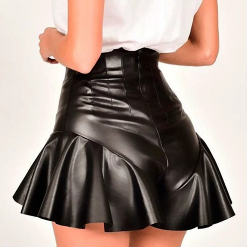Women Ruffles High Waist Loose Wide PU Leather Shorts Sexy Club Party Shorts 2024 Summer Black Zip Pleated Gothic Short Feminino