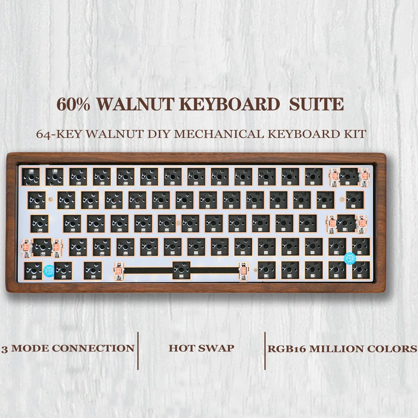 다크 브라운 60% RGB DIY 키보드 키트, 핫 스왑 가능 호두 쉘, 왼쪽 시프트, 64Gh 맞춤형 기계식 키보드, 3 모드, 64 키