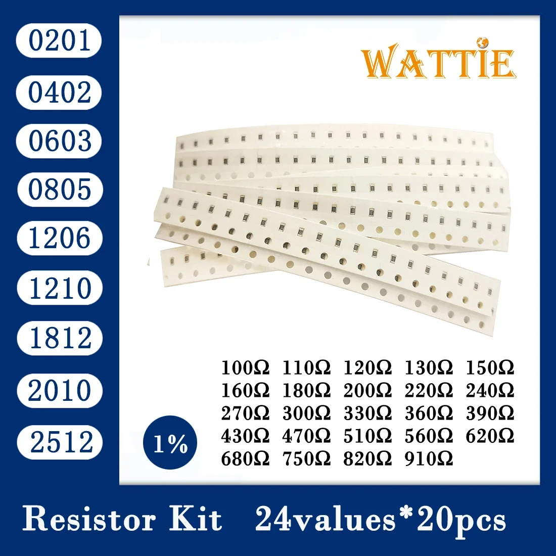 Kit de résistances SMD, 25 valeurs x 20 pièces = 0201 pièces, 0402, 0603, 0805, 1206, 1210, 1812, 2512, 500