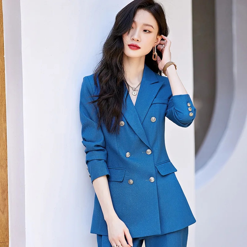 

women suits office sets New style fashion casual double breasted temperament OLprofessional coat trousers overalls two-piece set