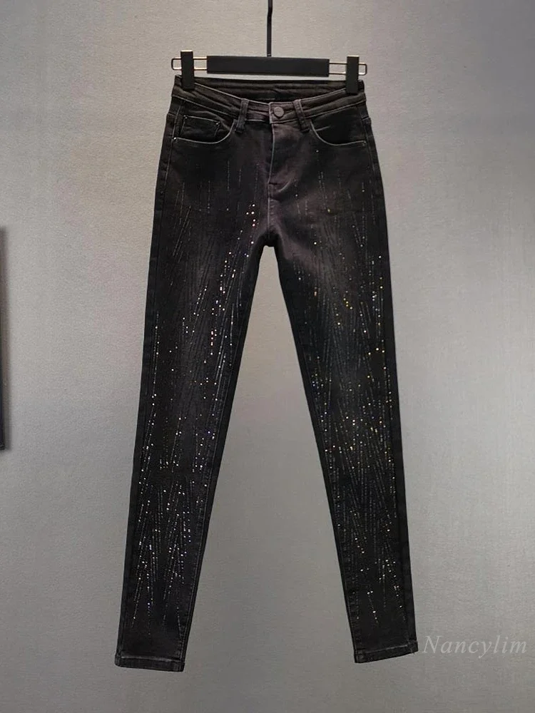 Black Fleece Jeans for Women Autumn and Winter Wear New European Street Stretch Slim-Fitting Mid-Waist Rhinestone Skinny Pants