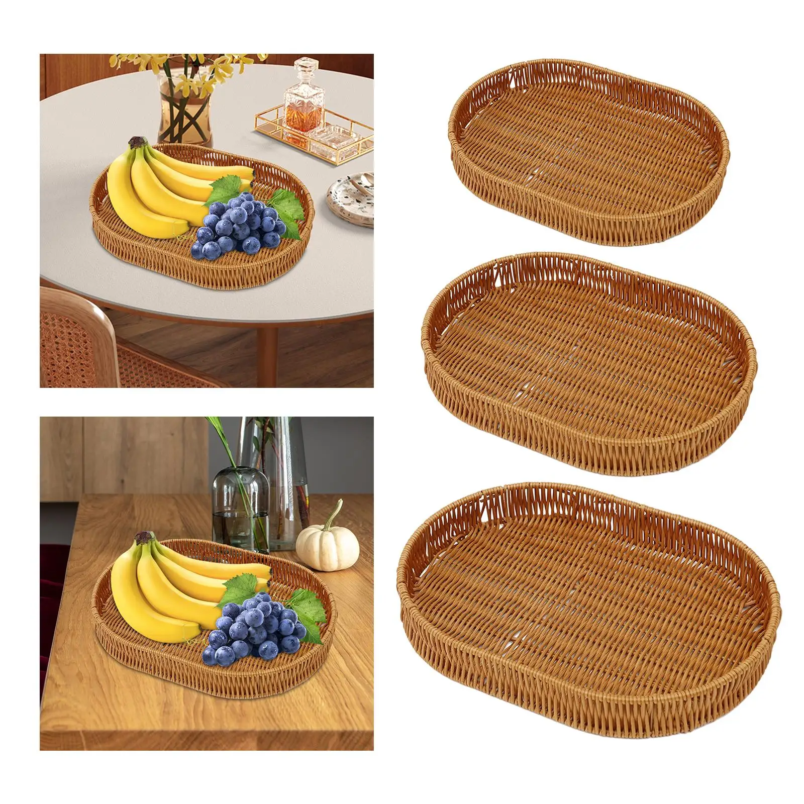 Handwoven Basket Organizer Tray Coffee Table Tray Bread Basket Tray Weaving Storage Holder for Tea Dining Snack Home Fruit