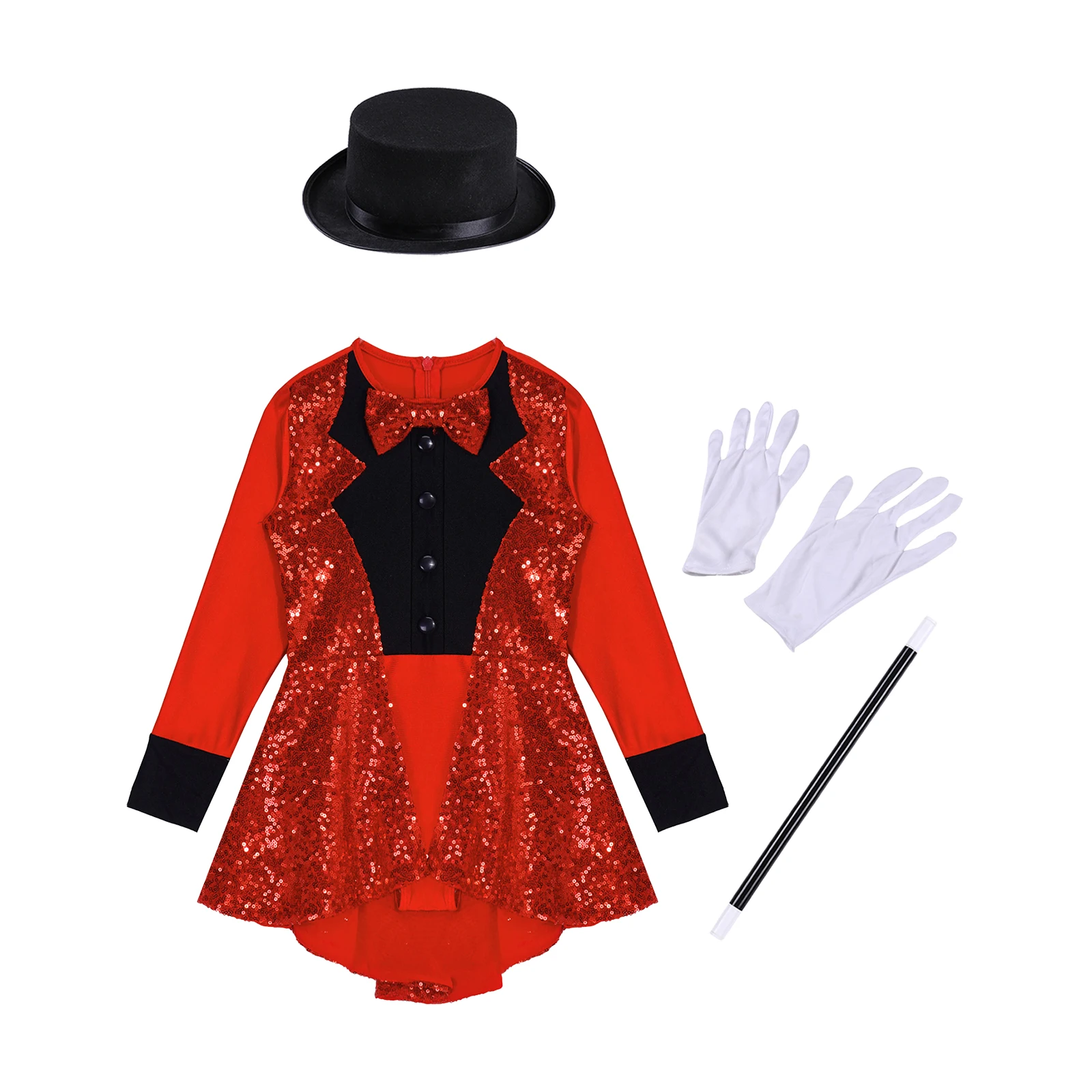 Teen Magician Costume Set Long Sleeve Bow Tie Sequin Leotard + Hat Magic Wand Gloves for Halloween Cosplay Dress Up Performance cosplay costume halloween dress outfit