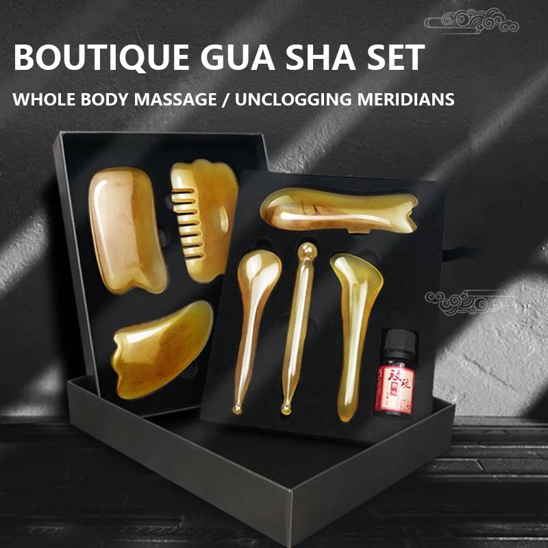 7 Pcs Natural Resin Beauty Set Jawline Lift Facial Skin Firming Eye Head Spa Gua Sha Board Back Neck Full Body Scraping Massage natural jade roller beauty container melon sand massage board neck anti wrinkle massager roller swollen eye beauty tools