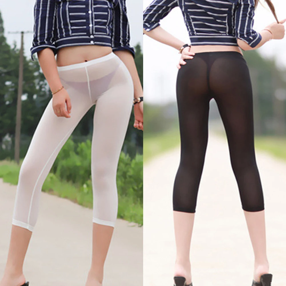 

Summer Women See Through Cropped Pants Clothing High Elastic Ice Silk Solid Black White Transparent Basic Leggings