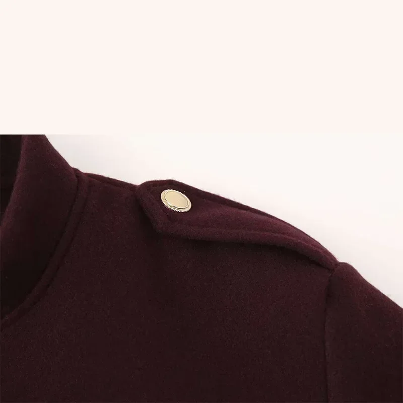 Burgundy Color Woolen Jacket For Women Stand Collar Single Breasted Pocket Thick Short Coat Autumn Lady Commute Outwear New
