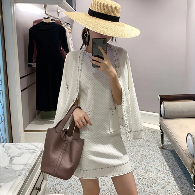 

2023 New Korean Fashion Knitted 2 Piece Set Women Single-breasted Fashion Long Sleeve Knitting Coat and knitting Short Dress