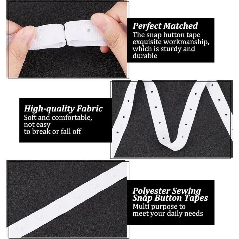 10 Yards White Snap Button Trim Tape - Durable Polyester Fastener with Press Stud Closures