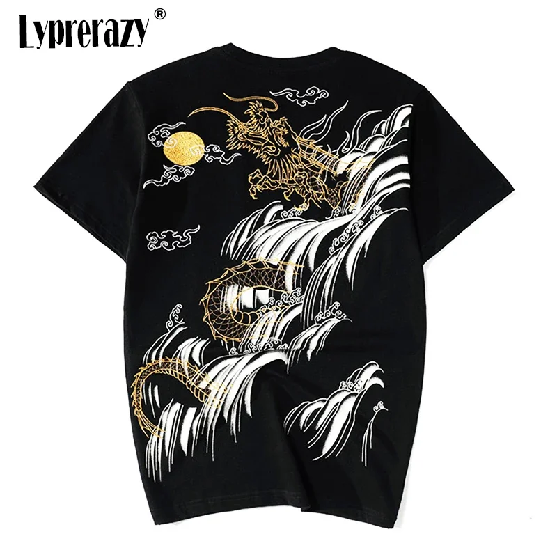 

Японские мужские хлопковые футболки Lyprerazy в стиле Харадзюку, футболки в китайском стиле с вышивкой карпа, рыбы, дракона и короткими рукавами