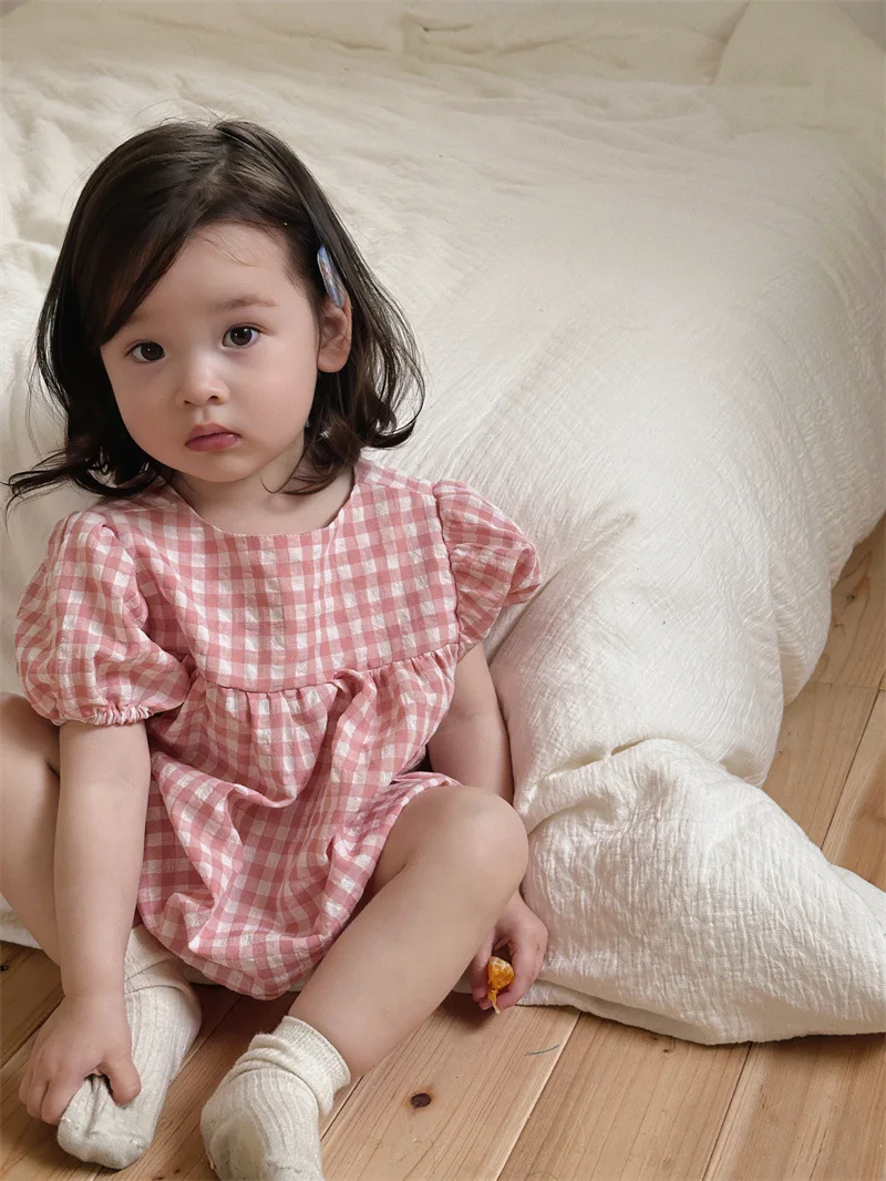 여아용 귀여운 격자 무늬 공주 바디 수트,   얇은 코튼 점프수트,  반팔 옷, 0-24m, 2024 여름 신상