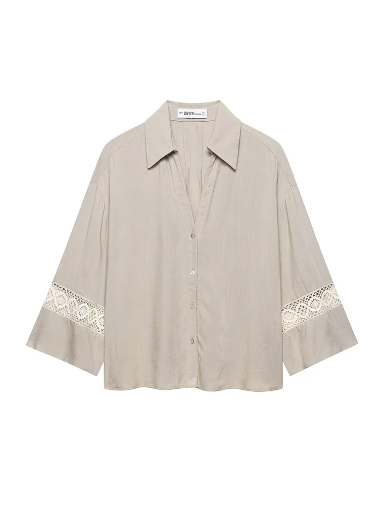 TFMLN New Women Summer Pant Sets Chic Hollow Embroidery Splice Decoration Lapel Blouses Top Solid High Waist Casual Trousers