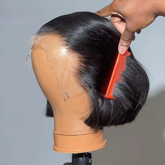 Perruque Bob en cheveux humains, densité 200%, Lace Frontal HD 13x4, courte et droite, pré-épilée, pour femmes noires 1