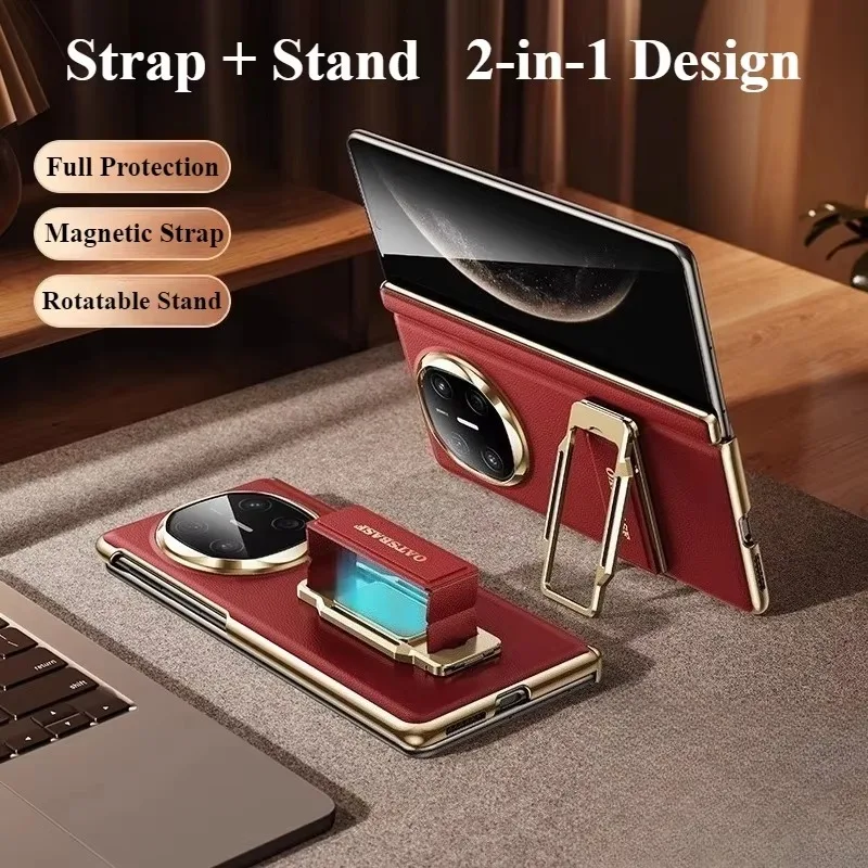 Eary Leather Phone Case for Huawei Mate X6 Dual Strap With 360° Rotation Stand Smart View WindowShockproof Protector Full Cover