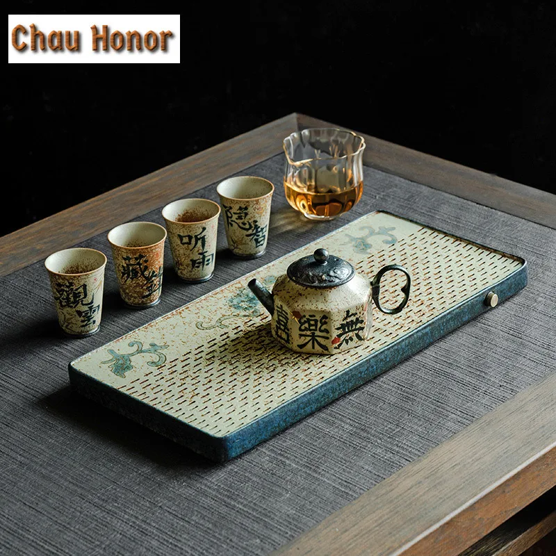 Blue And White Flint Red Rectangular Tea Tray Gold Draw Peony Flower Pot Bearing Support Tea Table Water Storage Dry Tea Table