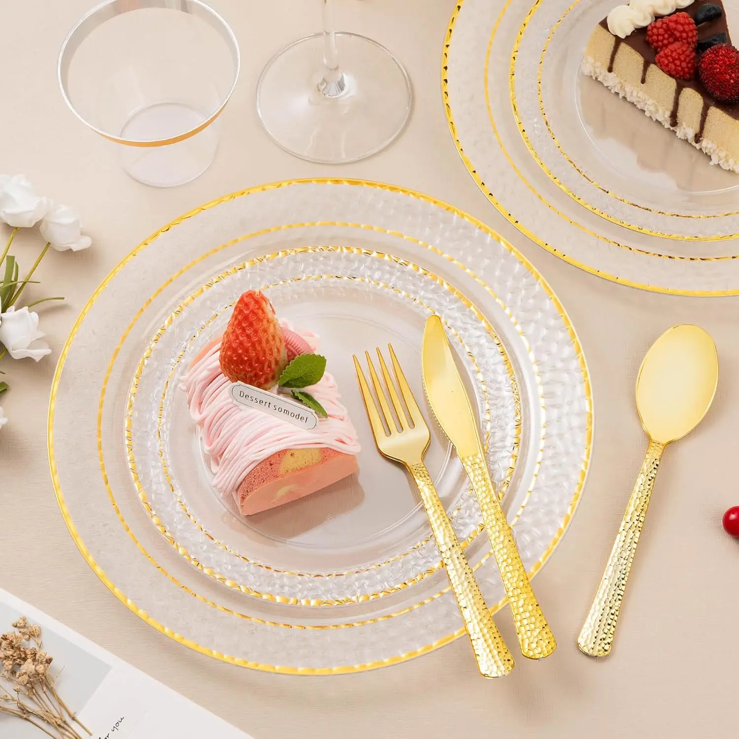 350PCS Clear Plastic Plates with Gold Trim for 50 Guests Disposable Dinnerware Set for Party Includes 100 Plastic Plates