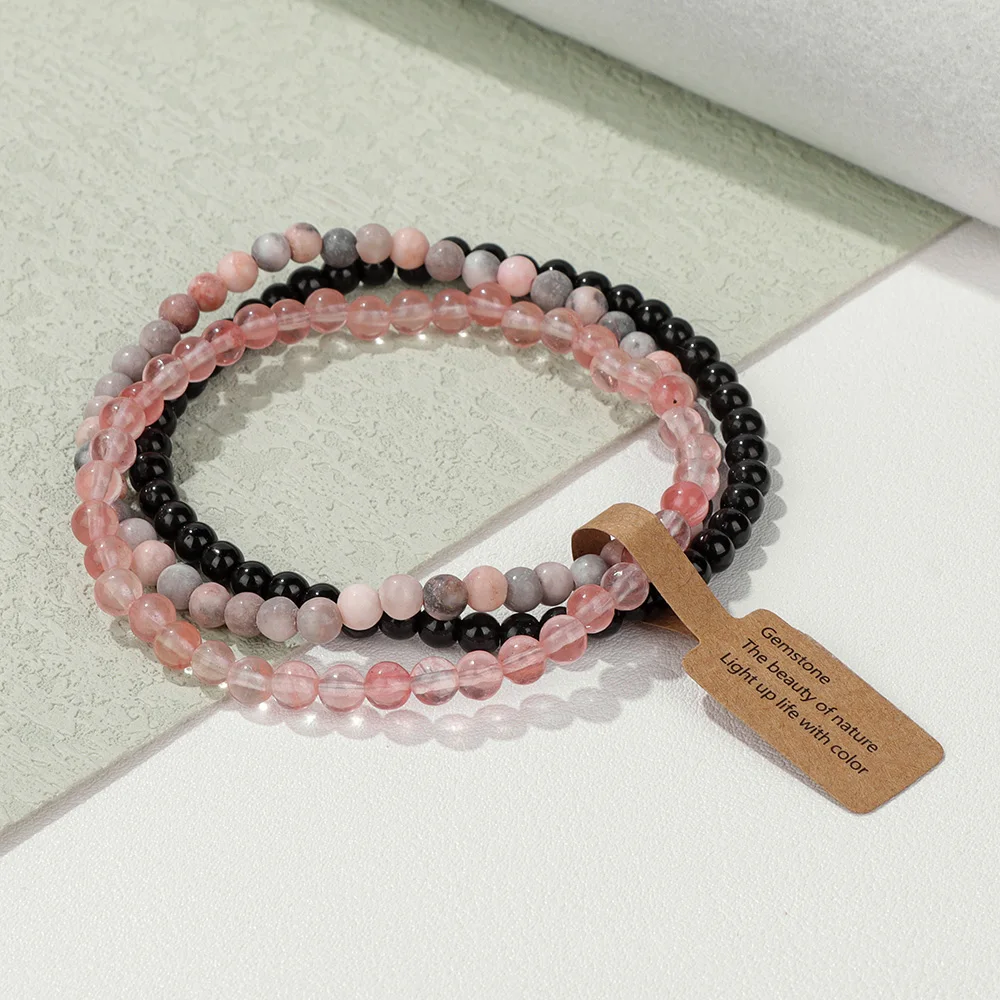 Natural Green Stone Bracelet 3Pcs/set 4mm Moss Agates Black Onyx Cat Eye Beads Elastic Bracelets For Women Men Simple Jewelry