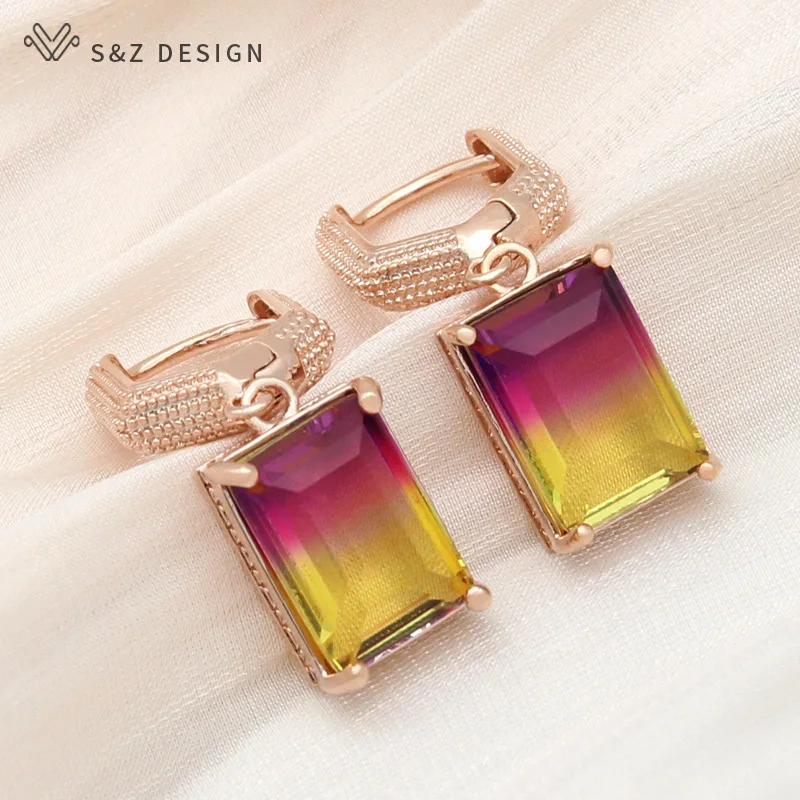 S&Z DESIGN Fashion Colorful Square Imitation Tourmaline Drop Earrings For Women Jewelry 585 Rose Gold Color Vintage Eardrop