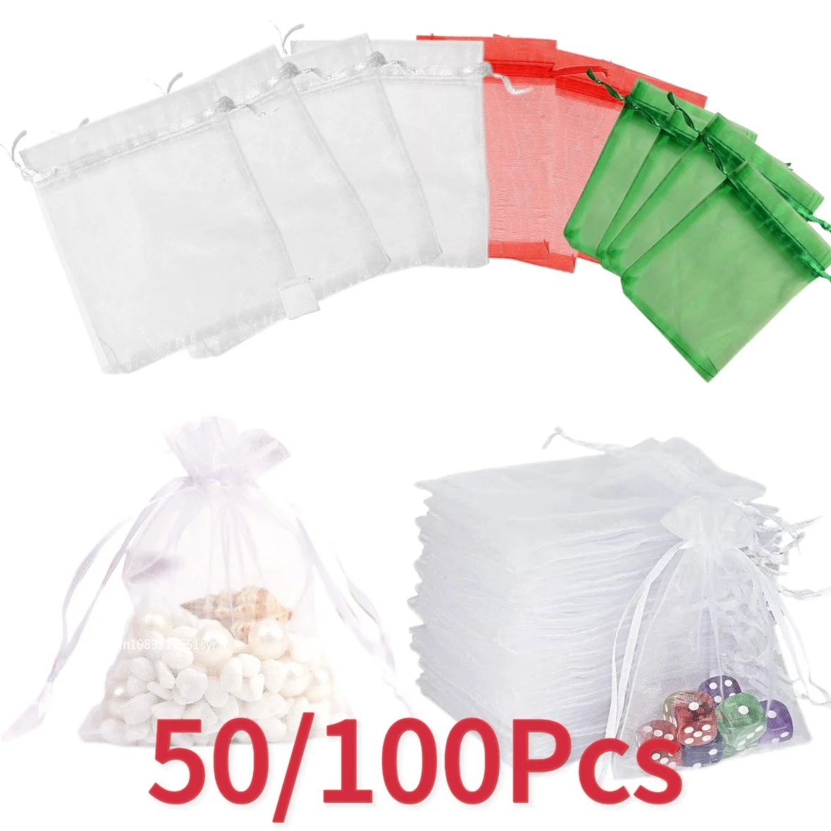 50/100PCS White Drawstring Organza Bags 7x9 9x12 10x15 15x20 20x30cm Wedding Party Jewelry Gift Packaging Bags Pouches organza gift bags gift bags