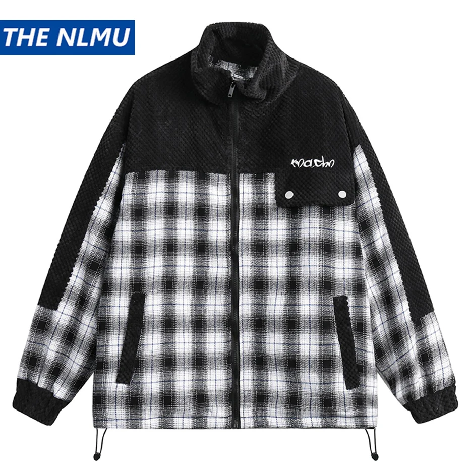 

Men Autumn Winter Jacket Plaid Patchwork Zipper Coat Man Fashion Casual Loose Jackets