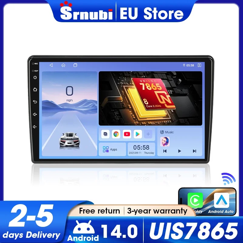 Srnubi Radio para coche Android 14 Universal de 9 pulgadas, Carplay inalámbrico, Autoradio, reproductor multimedia 2 Din, navegación GPS, DSP, Audio Bluetooth, sistemas inteligentes para vehículos, unidad principal UIS7865, accesorios para automóviles 1