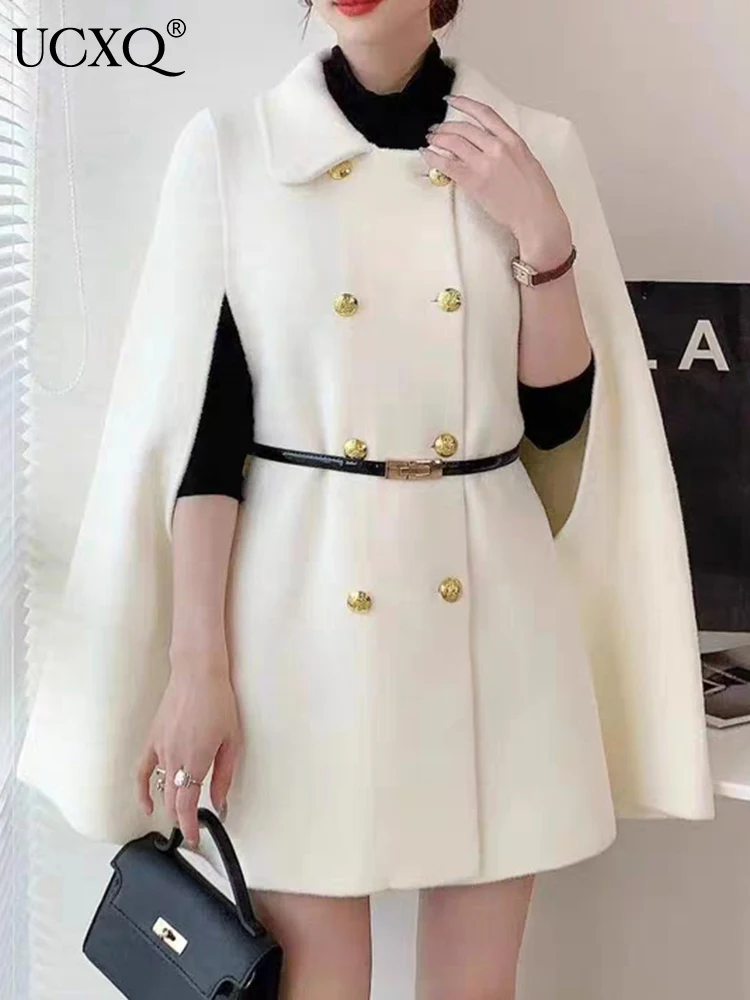 

UCXQ Women White Double Breasted Cape Woolen Blends Elegant Cloak Outwear Coats Vintage Overcoat 2023 Autumn Winter New 16U4904