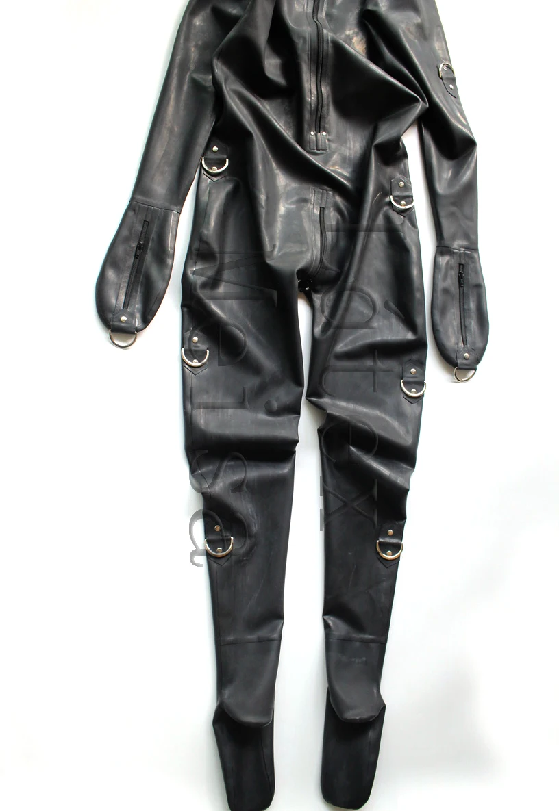 Men's 0.6mm heavy thickness latex & D ring buckles designs men's black latex in Zentai with mesh eyes & open nostrils